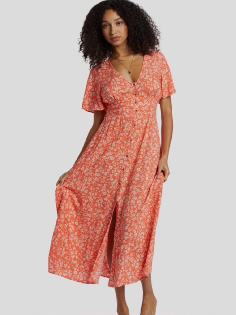 Billabong Floral Dreamer Coral Button-Front Maxi Dress Size Large